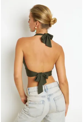 Kadın Haki Sırt Ve Boyun Bağlamalı Bluz EY1472