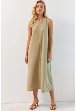 Kadın Haki Sırtı Düğmeli Midi Keten Elbise DMR353