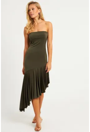 Kadın Haki Straplez Asimetrik Midi Elbise DMR337