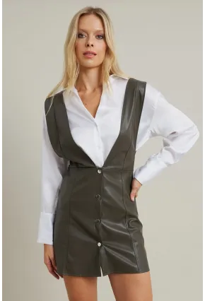 Kadın Haki Suni Deri Mini Elbise NH796