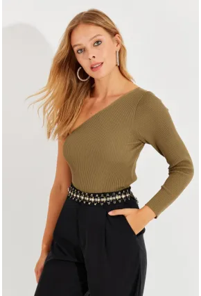 Kadın Haki Tek Omuz Triko Bluz YV204