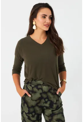 Kadın Haki V Yaka Bluz RX446