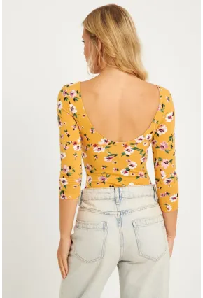 Kadın Hardal Çiçek Desenli Çıtçıtlı Body RK40