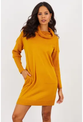 Kadın Hardal Degaje Yaka Triko Mini Elbise YV73