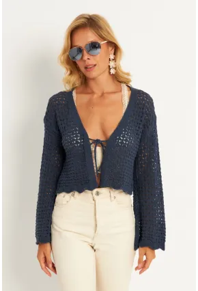 Kadın İndigo Ajurlu Triko Hırka YV248