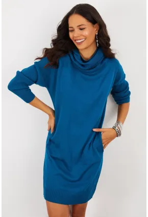 Kadın İndigo Degaje Yaka Triko Mini Elbise YV73