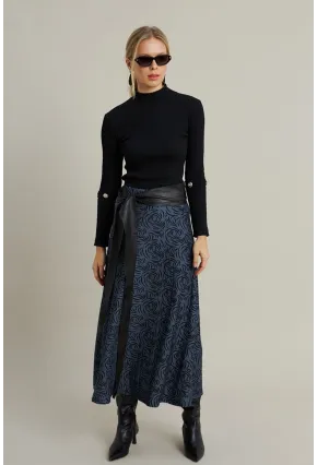 Kadın İndigo Desenli Çan Etek LON3007
