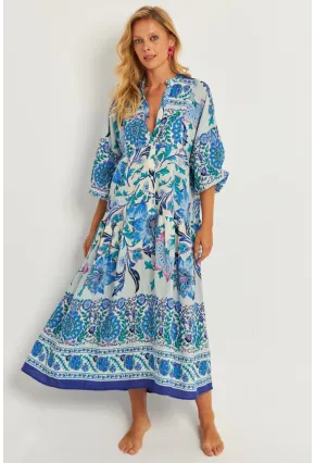 Kadın İndigo Desenli Midi Elbise GÇ169