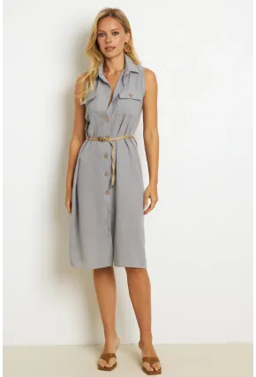 Kadın İndigo Kemerli Gömlek Midi Elbise SGT404