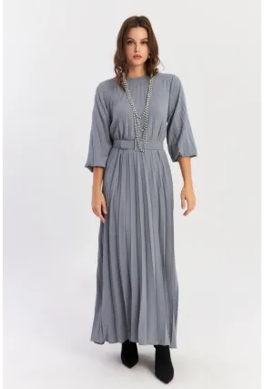 Kadın İndigo Kemerli Plili Maxi Elbise ALZ500
