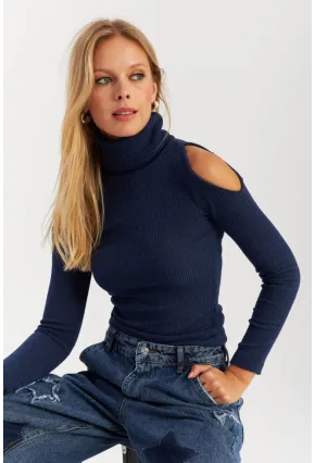 Kadın İndigo Omuzları Açık Kaşkorse Bluz HOR04