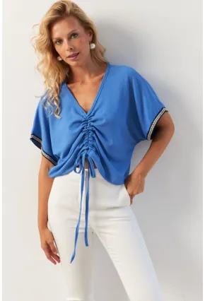 Kadın İndigo Önü Büzgülü Bluz XL2039