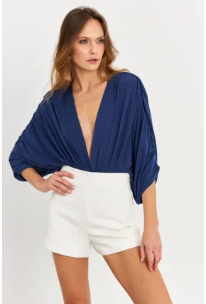 Kadın İndigo Sırt Dekolteli Volanlı V Yaka Body BAR802