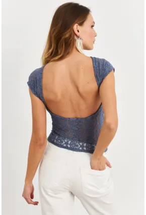 Kadın İndigo Sırtı Açık Dantel Bluz ZH04