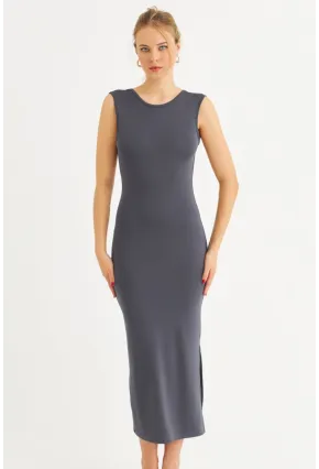 Kadın İndigo Sırtı Açık Midi Elbise YEL221672