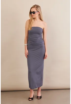 Kadın İndigo Straplez Büzgülü Midi Elbise MX2005