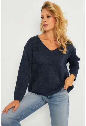 Kadın İndigo V Yaka Triko Bluz YV282