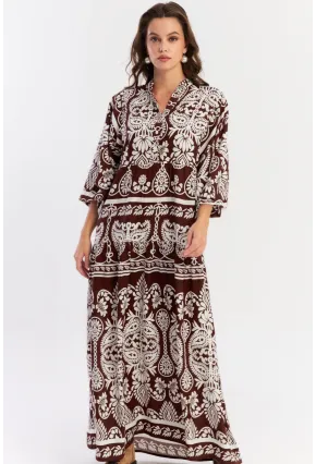 Kadın Kahve-Beyaz Etnik Desenli Maxi Dokuma Elbise ALO325