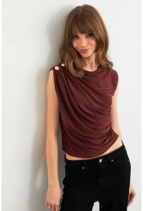 Kadın Kahve Düğme Detaylı Büzgülü Bluz LPP1205-1