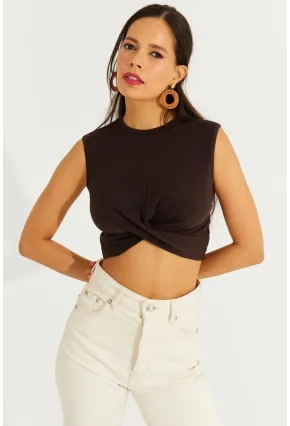Kadın Kahve Önü Düğümlü Crop Bluz SDY2018