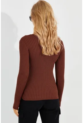 Kadın Kahve V Yaka Fitilli Triko Bluz SMT216