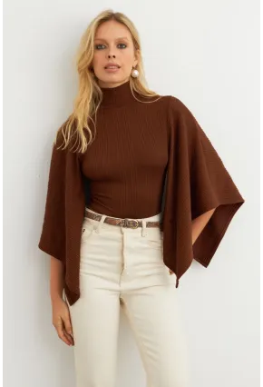 Kadın Kahve Yarasa Kol Balıkçı Bluz MTF32