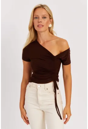 Kadın Kahverengi Asimetrik Yaka Asansörlü Bluz GÇ162