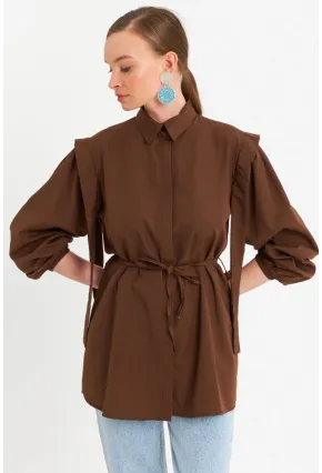 Kadın Kahverengi Bağlama Detaylı Basic Gömlek MASF185