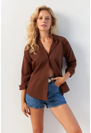 Kadın Kahverengi Basic Gömlek HNT02