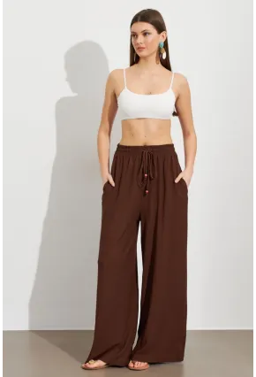 Kadın Kahverengi Beli Lastikli Bürümcük Pantolon ROP105