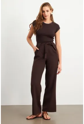 Kadın Kahverengi Beli Lastikli Kuşaklı Pantolon FLU7251