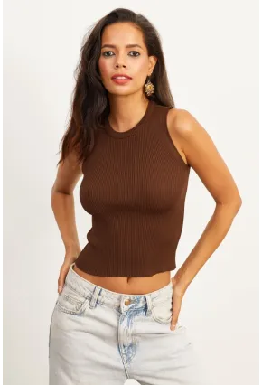 Kadın Kahverengi Bisiklet Yaka Triko Bluz YV91