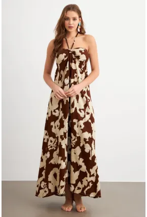 Kadın Kahverengi Büzgülü Desenli Midi Elbise KAB304