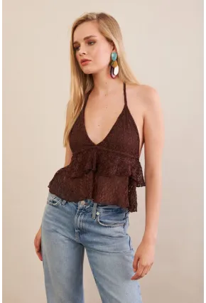 Kadın Kahverengi Dantel Bluz ZH324