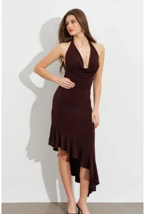 Kadın Kahverengi Degaje Asimetrik Midi Elbise İRE1436