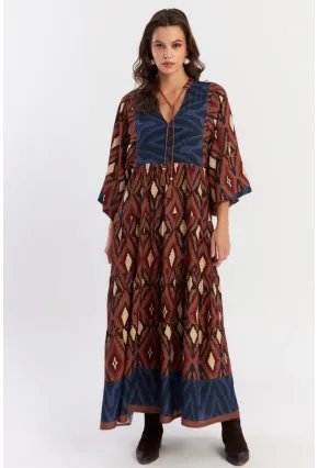 Kadın Kahverengi Desenli Dokuma Maxi Elbise ALO235