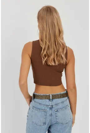 Kadın Kahverengi Fitilli Crop Bluz LPP1262