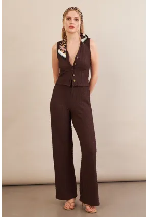 Kadın Kahverengi Gofre Yelek Pantalon Takım FLU330