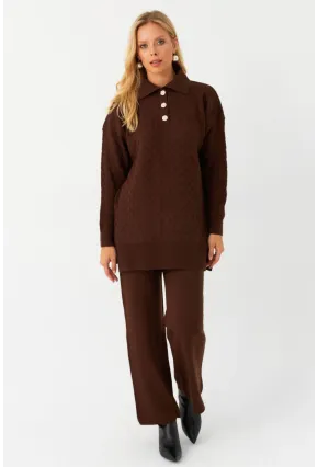 Kadın Kahverengi İnci Düğmeli Triko Alt Üst Takım MNUV33