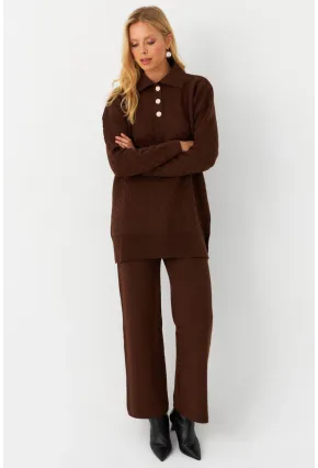 Kadın Kahverengi İnci Düğmeli Triko Alt Üst Takım MNUV33