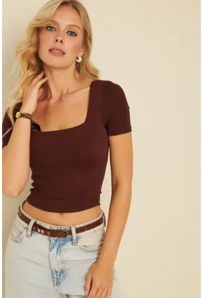 Kadın Kahverengi Kare Yaka Bluz AYD338