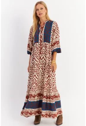 Kadın Kahverengi-Lacivert Volanlı Maxi Elbise ALO11