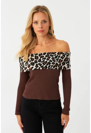 Kadın Kahverengi Leopar Bloklu Madonna Bluz AYD396