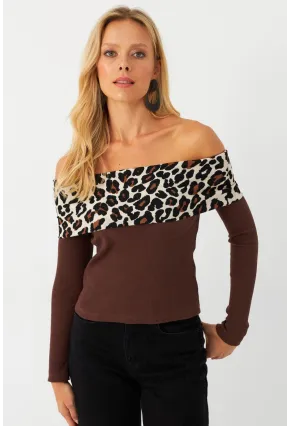 Kadın Kahverengi Leopar Bloklu Madonna Bluz AYD396