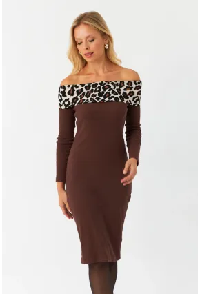 Kadın Kahverengi Leopar Bloklu Madonna Yaka Midi Elbise AYD395