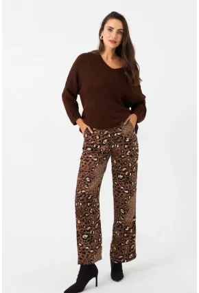 Kadın Kahverengi Leopar Desenli Saten Pantolon CAR1069