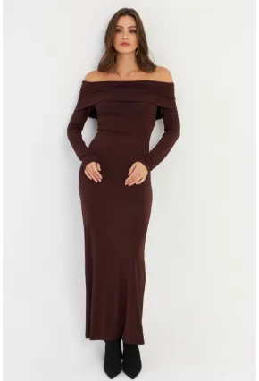 Kadın Kahverengi Madonna Yaka Maxi Elbise LİK10