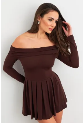 Kadın Kahverengi Madonna Yaka Midi Elbise MON1262