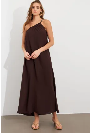 Kadın Kahverengi Tek Omuz Maxi Elbise İRE1012