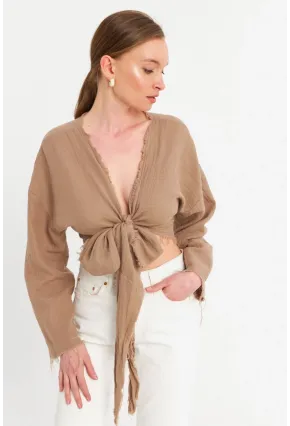 Kadın Kahverengi Müslin Crop Bluz PC20700